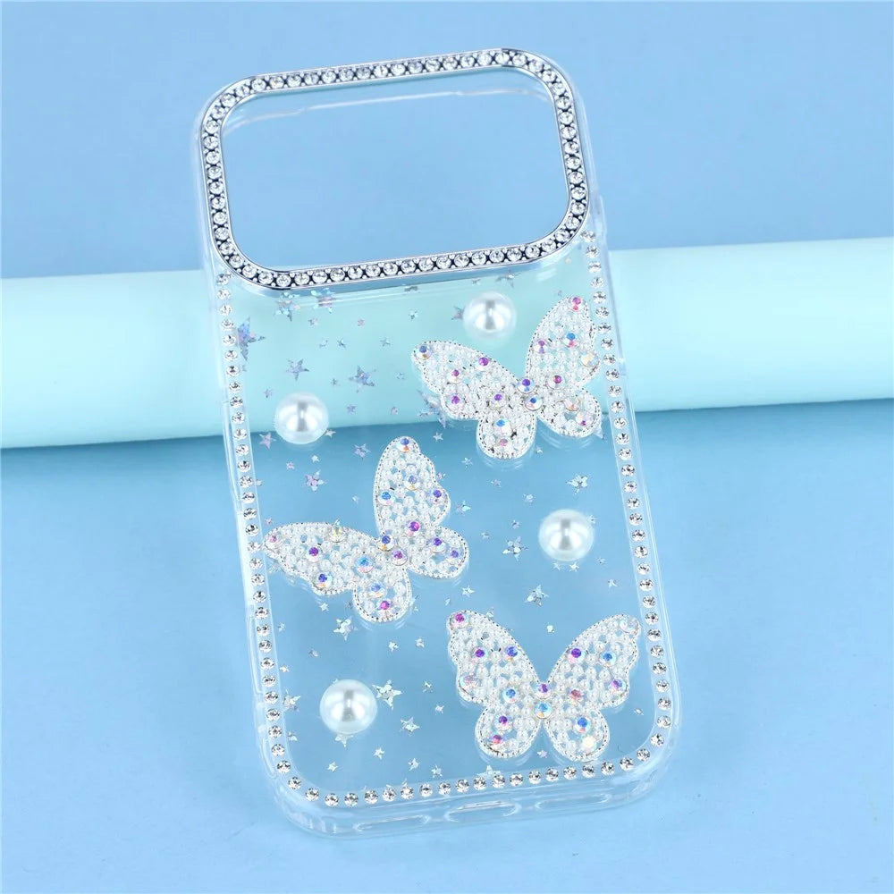 For iPhone 18 Pro / 17 Pro Case Rhinestone Edge Pearl Butterfly Decor TPU + PC IMD Phone Cover - Starry Transparent - 6