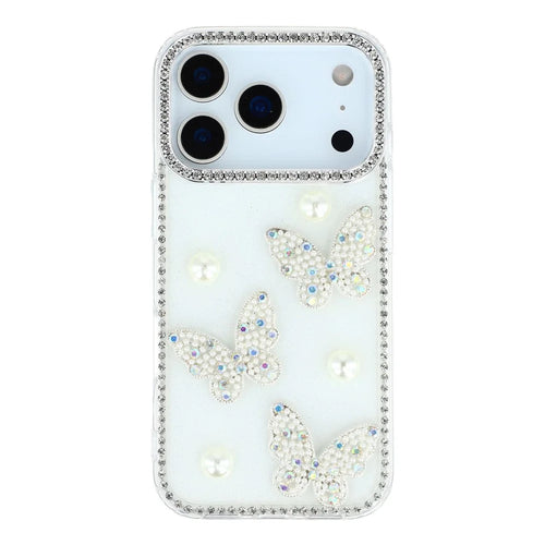 For iPhone 18 Pro Max / 17 Pro Max Case Rhinestone Edge Pearl Butterfly Decor TPU + PC IMD Phone Cover - Glitter White - 1