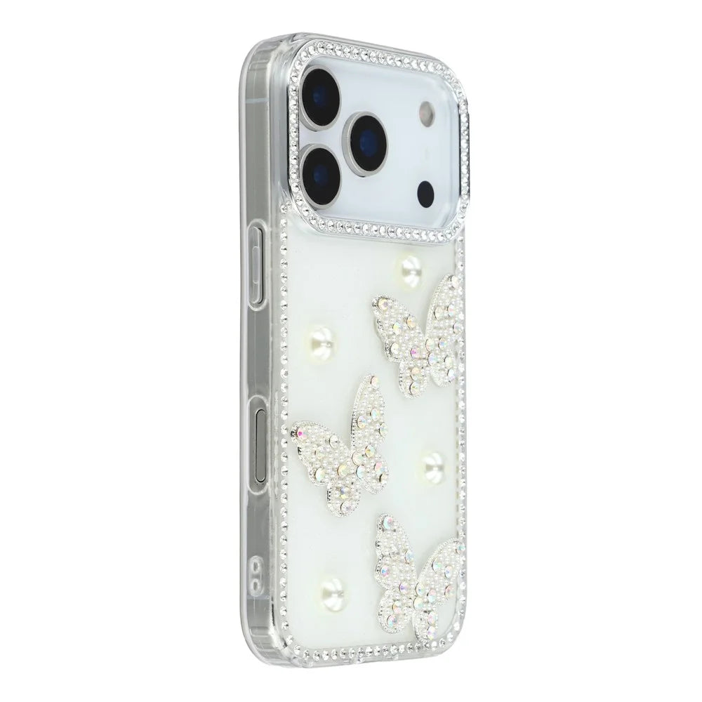 For iPhone 18 Pro Max / 17 Pro Max Case Rhinestone Edge Pearl Butterfly Decor TPU + PC IMD Phone Cover - Glitter White - 3