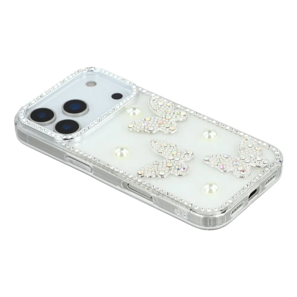 For iPhone 18 Pro Max / 17 Pro Max Case Rhinestone Edge Pearl Butterfly Decor TPU + PC IMD Phone Cover - Glitter White - 4