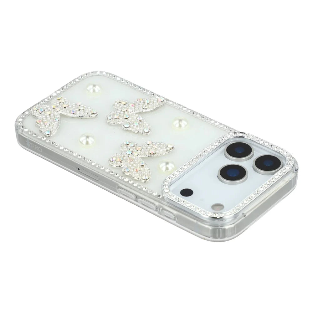 For iPhone 18 Pro Max / 17 Pro Max Case Rhinestone Edge Pearl Butterfly Decor TPU + PC IMD Phone Cover - Glitter White - 5
