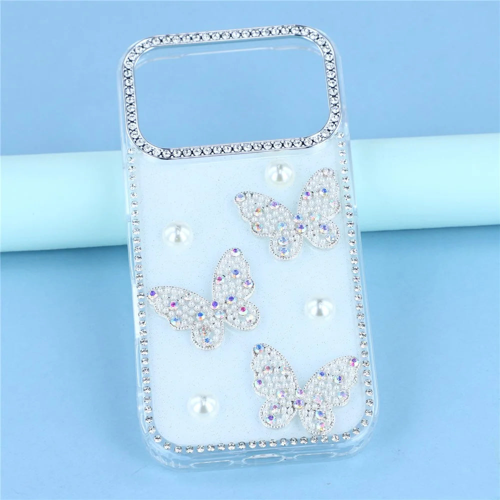For iPhone 18 Pro Max / 17 Pro Max Case Rhinestone Edge Pearl Butterfly Decor TPU + PC IMD Phone Cover - Glitter White - 6