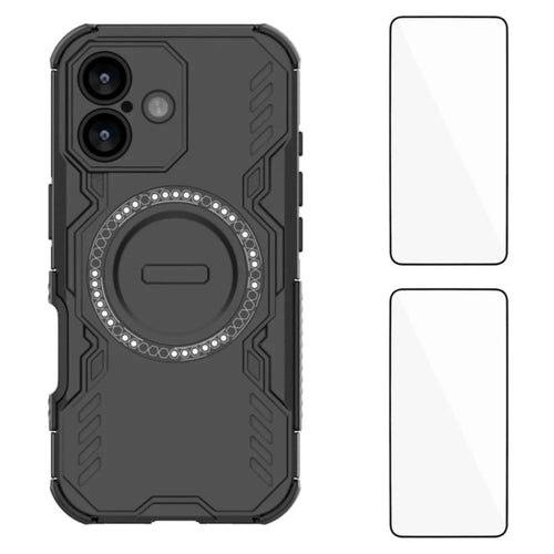 WANLONFENG DJ Series For iPhone 17 Magnetic Case PC TPU Phone Cover with 2Pcs Tempered Glass Film - Black - 1