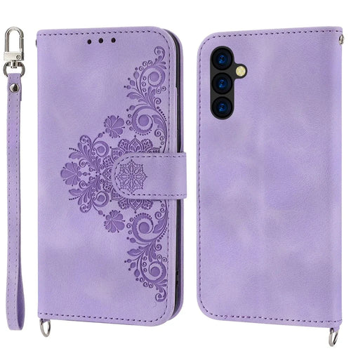 For Samsung Galaxy A14 5G / A14 4G Leather Case Imprinted Flowers Multiple Card Slots Phone Stand Wallet Cover with Strap - Light Purple - 1