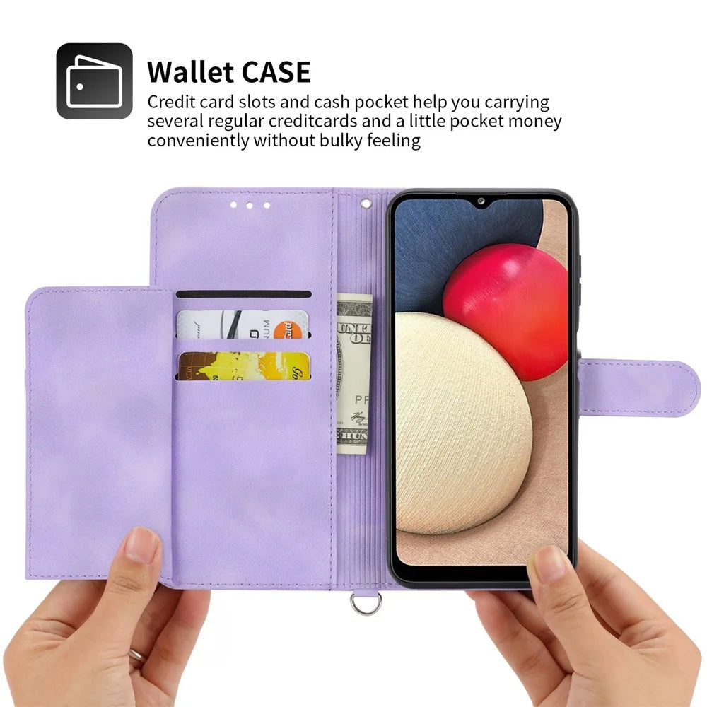 For Samsung Galaxy A14 5G / A14 4G Leather Case Imprinted Flowers Multiple Card Slots Phone Stand Wallet Cover with Strap - Light Purple - 4