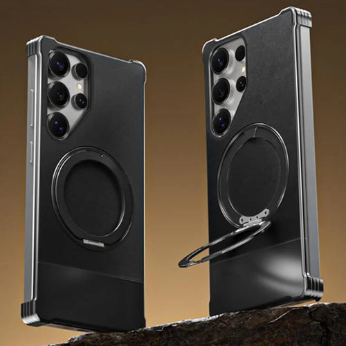 For Samsung Galaxy S24 Ultra Magnetic Case with Kickstand Borderless PU + Metal Drop Proof Phone Back Cover - Black - 1