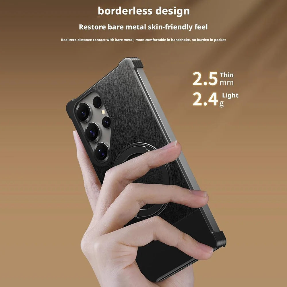 For Samsung Galaxy S24 Ultra Magnetic Case with Kickstand Borderless PU + Metal Drop Proof Phone Back Cover - Black - 4