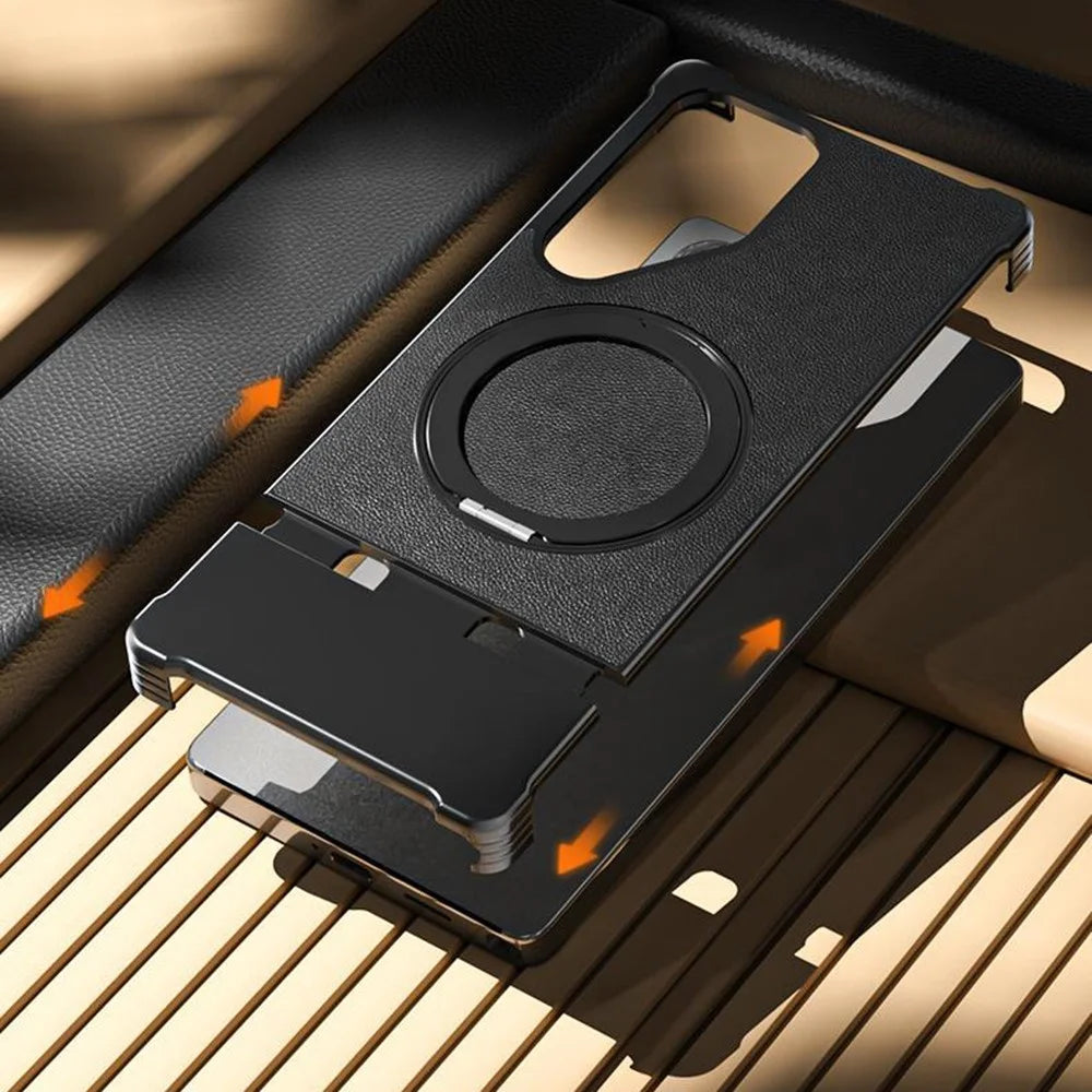 For Samsung Galaxy S24 Ultra Magnetic Case with Kickstand Borderless PU + Metal Drop Proof Phone Back Cover - Black - 6