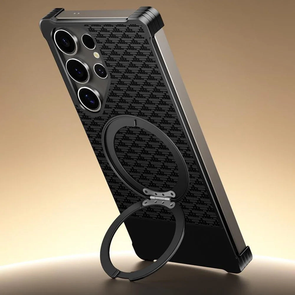 For Samsung Galaxy S24 Ultra Magnetic Case Borderless Textured PU + Metal Kickstand Phone Cover - Black - 2