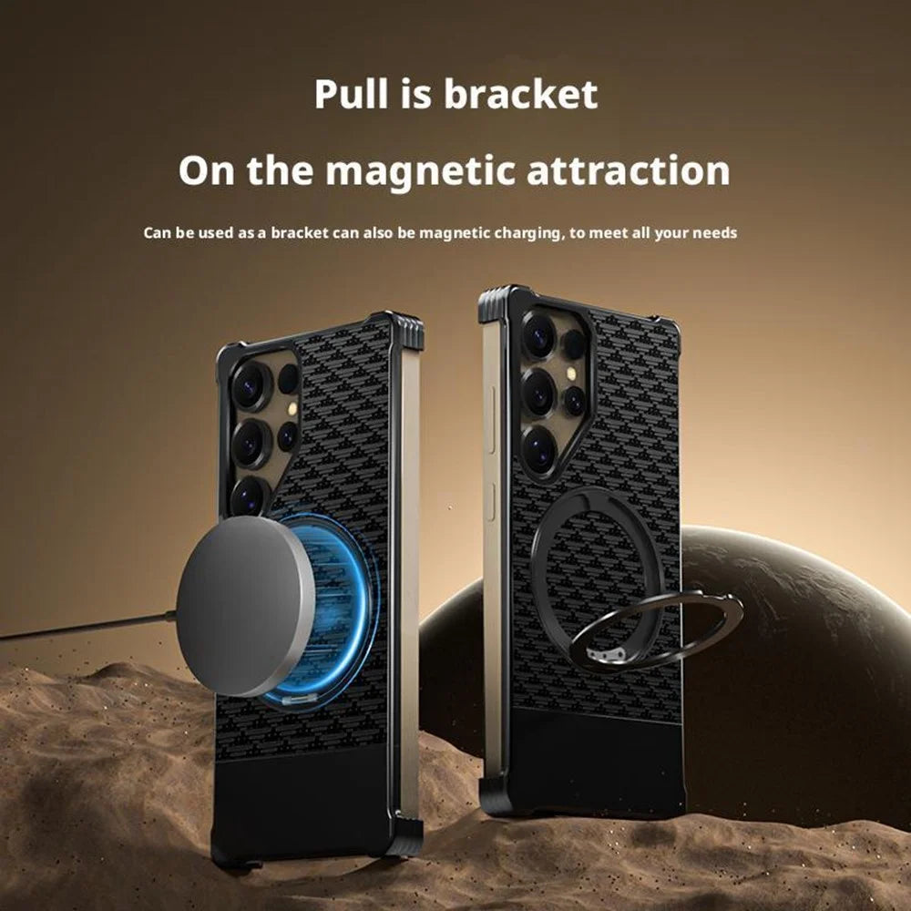 For Samsung Galaxy S24 Ultra Magnetic Case Borderless Textured PU + Metal Kickstand Phone Cover - Black - 3