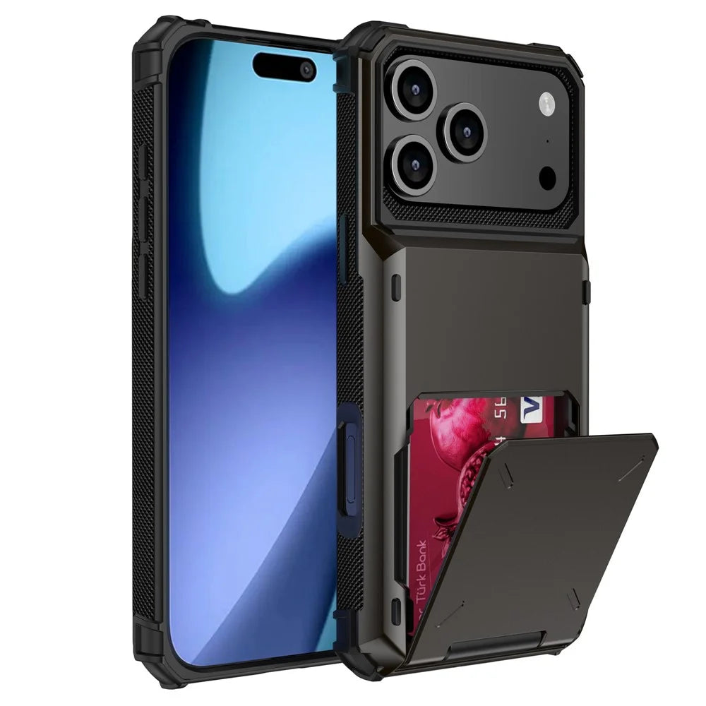 For iPhone 18 Pro / 17 Pro Case PC + TPU Dual Layer Back Phone Cover with Card Holder - Black - 1