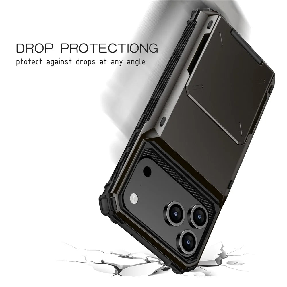 For iPhone 18 Pro Max / 17 Pro Max Case PC + TPU Dual Layer Back Phone Cover with Card Holder - Black - 6