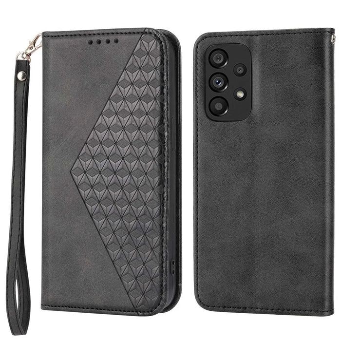 For Samsung Galaxy A23 5G (Global Version) / 4G Calf Texture PU Leather Case Magnetic Auto Closing Wallet Imprinted Rhombus Pattern Phone Stand Cover with Strap - Black - 1