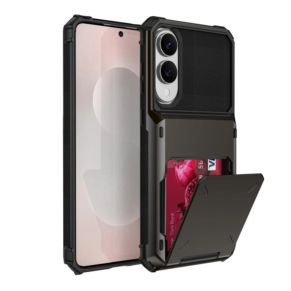 For Samsung Galaxy S25 Edge Case PC + TPU Dual Layer Back Phone Cover with Card Holder - Black - 1