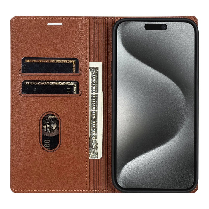 For iPhone 17 Wallet Case Magnetic Closure PU Leather Phone Cover - Brown - 2
