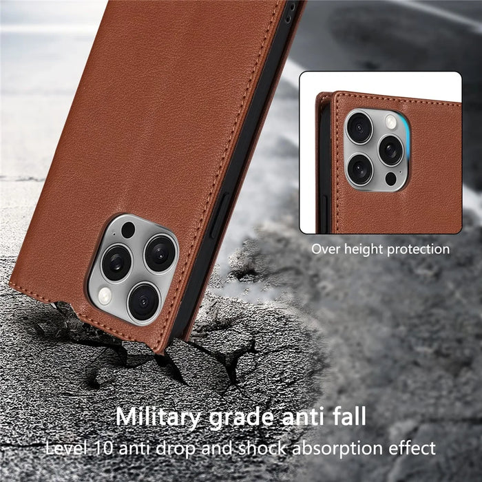 For iPhone 17 Wallet Case Magnetic Closure PU Leather Phone Cover - Brown - 7