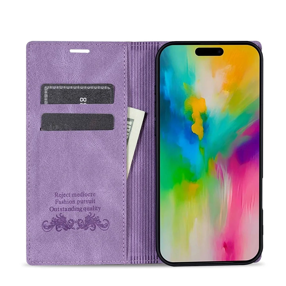 For iPhone 17 Wallet Case Magnetic Closing Leather Phone Cover - Purple - 2