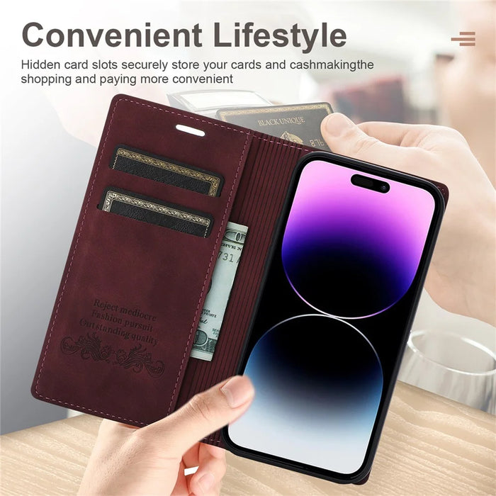 For iPhone 18 Pro / 17 Pro Wallet Case Magnetic Closing Leather Phone Cover - Wine Red - 6