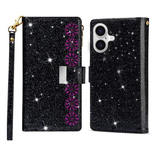 For iPhone 17 Case Starry Sky Carving Leather Wallet Phone Cover with Wrist Strap - Black - 1
