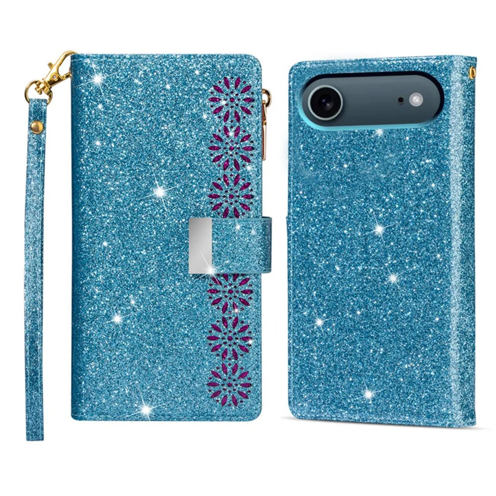 For iPhone Air Case Starry Sky Carving Leather Wallet Phone Cover with Wrist Strap - Blue - 1