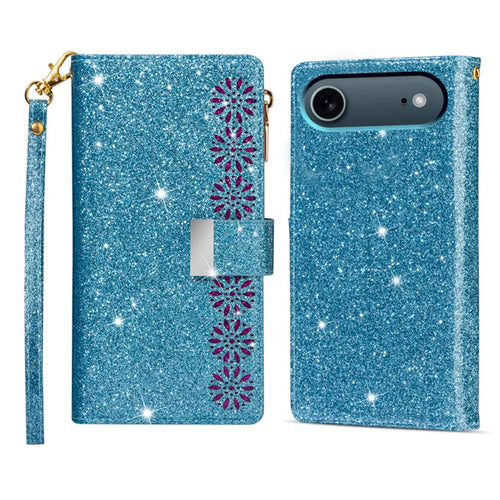 For iPhone Air Case Starry Sky Carving Leather Wallet Phone Cover with Wrist Strap - Blue - 1