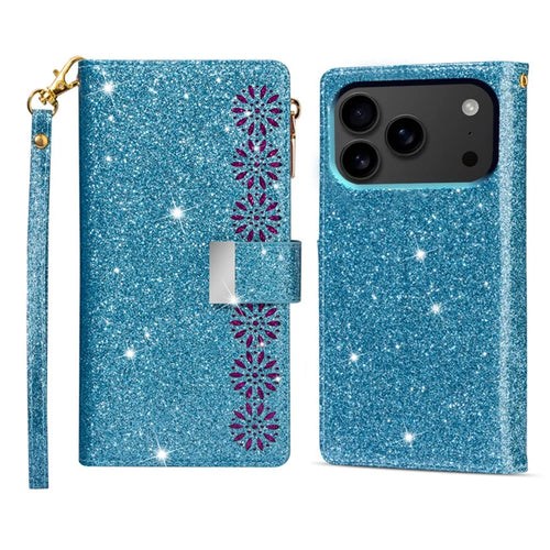 For iPhone 18 Pro / 17 Pro Case Starry Sky Carving Leather Wallet Phone Cover with Wrist Strap - Blue - 1