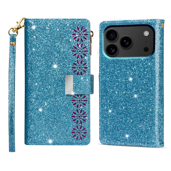 For iPhone 18 Pro / 17 Pro Case Starry Sky Carving Leather Wallet Phone Cover with Wrist Strap - Blue - 1