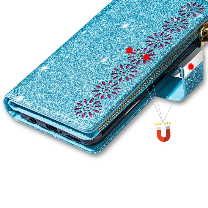 For iPhone 18 Pro / 17 Pro Case Starry Sky Carving Leather Wallet Phone Cover with Wrist Strap - Blue - 6