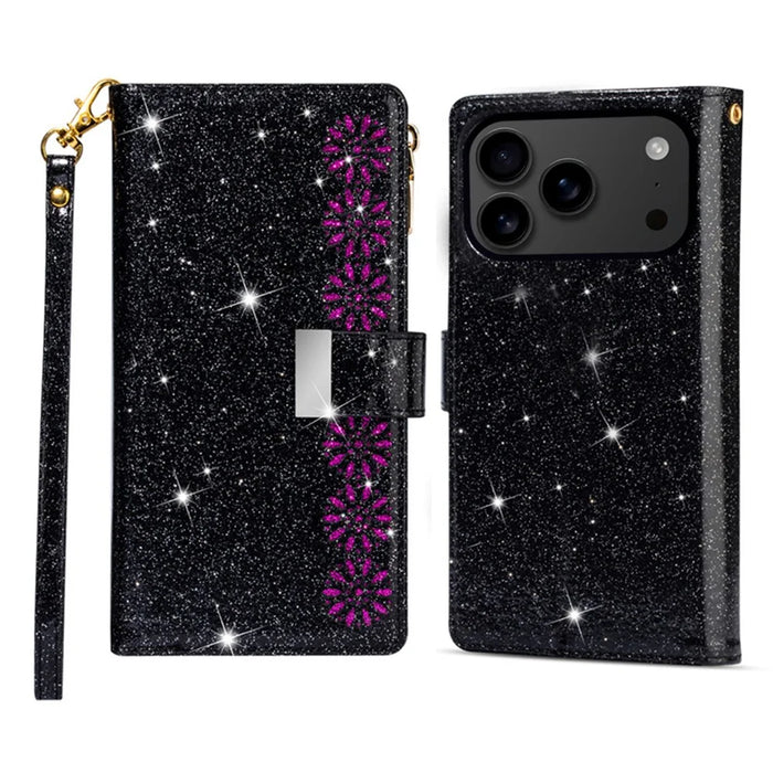 For iPhone 18 Pro Max / 17 Pro Max Case Starry Sky Carving Leather Wallet Phone Cover with Wrist Strap - Black - 1