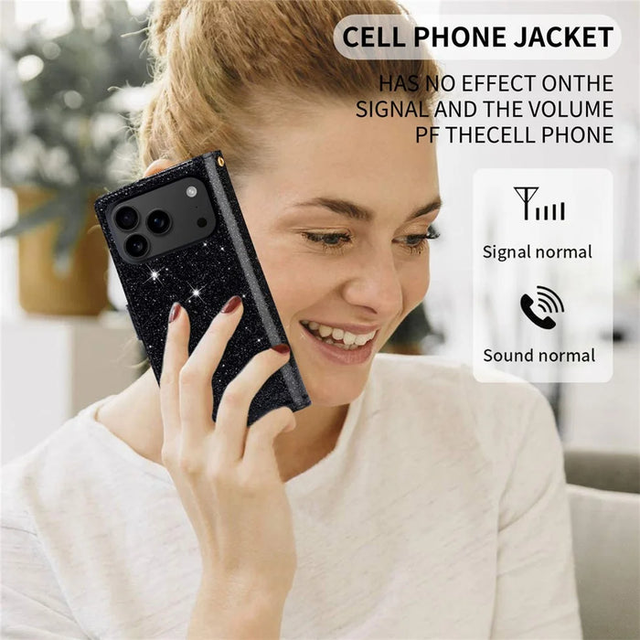 For iPhone 18 Pro Max / 17 Pro Max Case Starry Sky Carving Leather Wallet Phone Cover with Wrist Strap - Black - 6