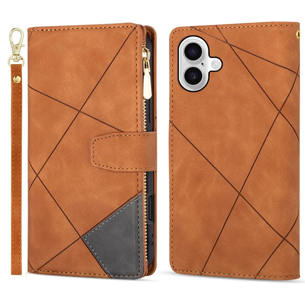 For iPhone 17 Wallet Case Color Splicing Leather Phone Cover with Stand - Brown - 1