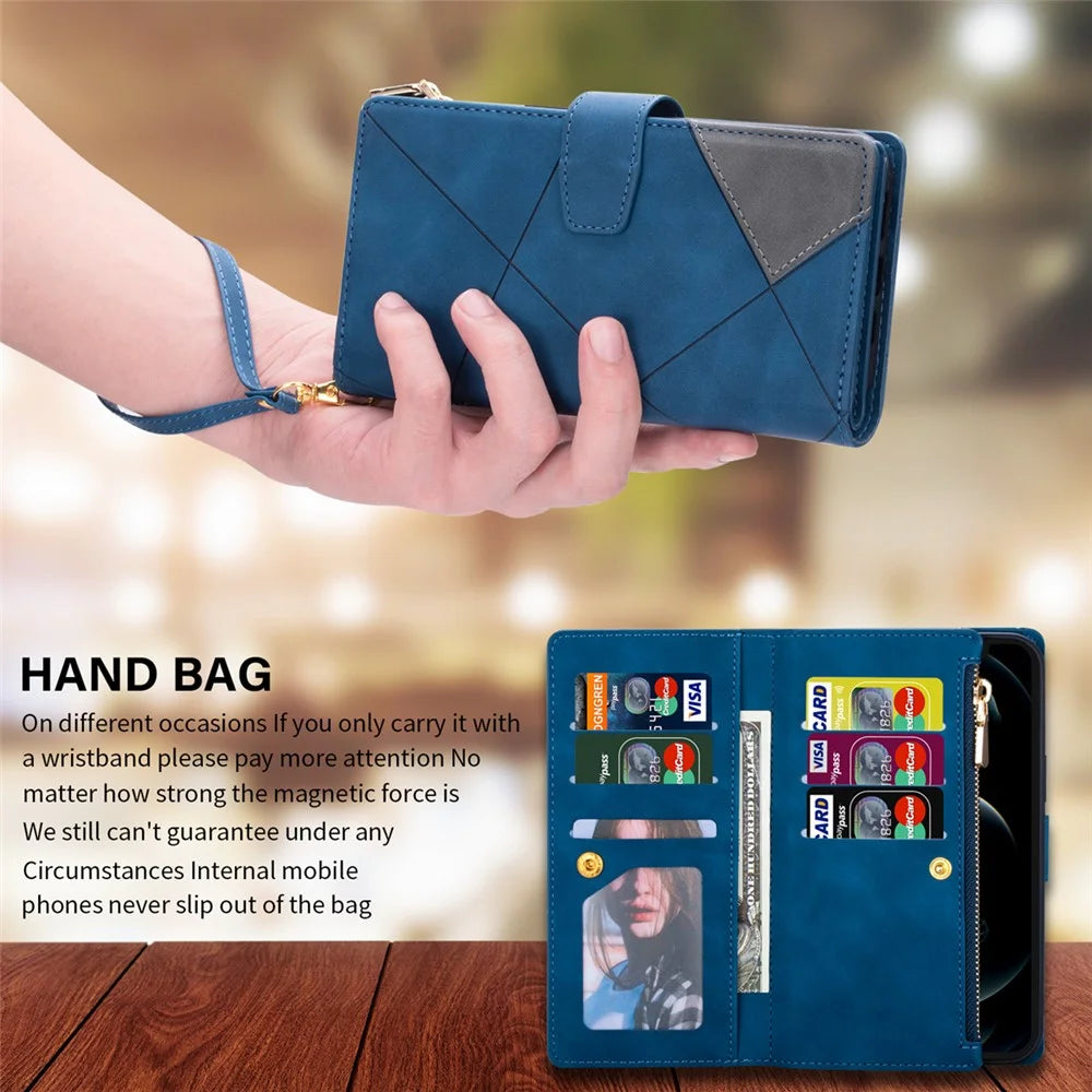 For iPhone Air Wallet Case Color Splicing Leather Phone Cover with Stand - Blue - 7