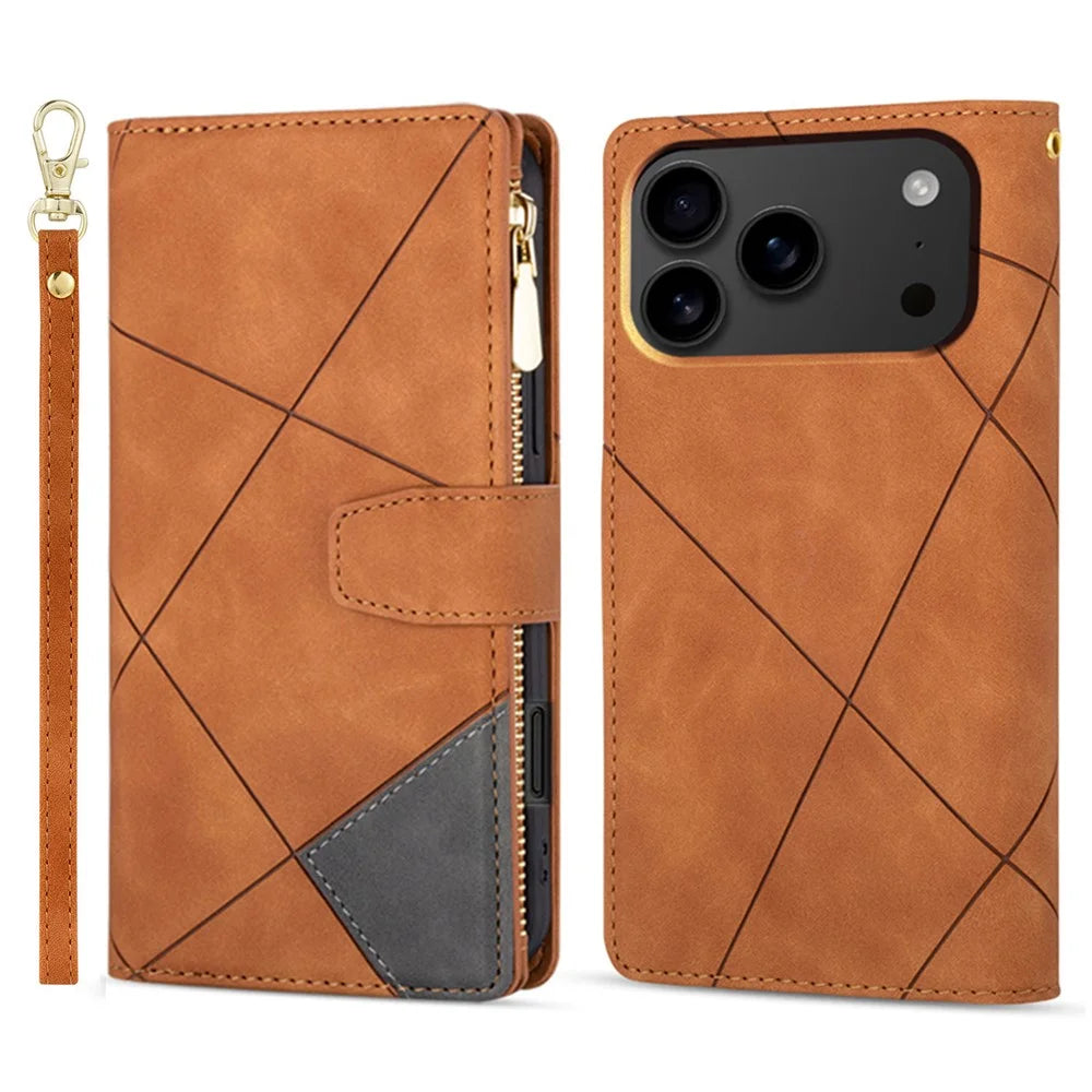 For iPhone 18 Pro Max / 17 Pro Max Wallet Case Color Splicing Leather Phone Cover with Stand - Brown - 1
