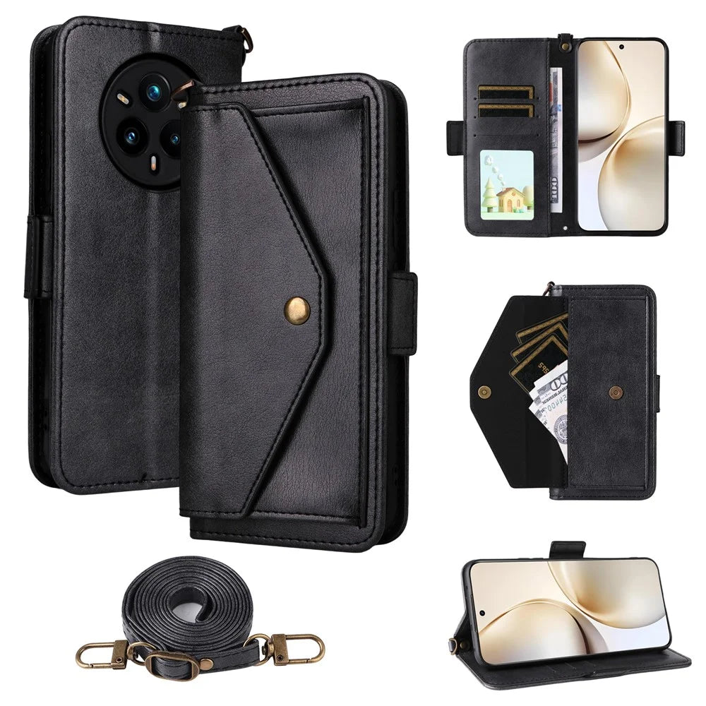For Realme 14 Pro+ 5G Leather Case Magnetic Closure Wallet Stand Phone Cover with Crossbody Strap - Black - 1