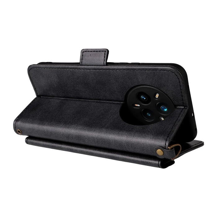 For Realme 14 Pro+ 5G Leather Case Magnetic Closure Wallet Stand Phone Cover with Crossbody Strap - Black - 5
