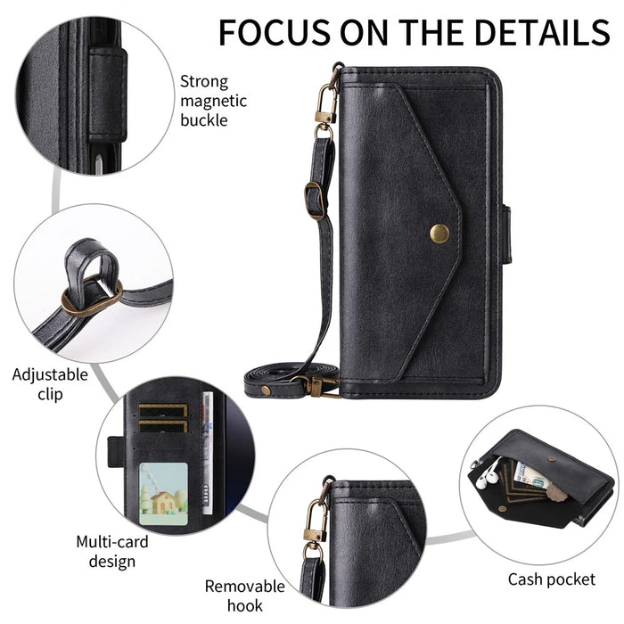 For Realme 14 Pro+ 5G Leather Case Magnetic Closure Wallet Stand Phone Cover with Crossbody Strap - Black - 7