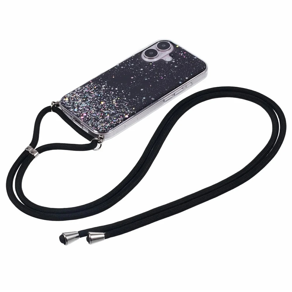 For iPhone 17 Case Cute Bling TPU Epoxy Phone Cover with Lanyard - Black - 2