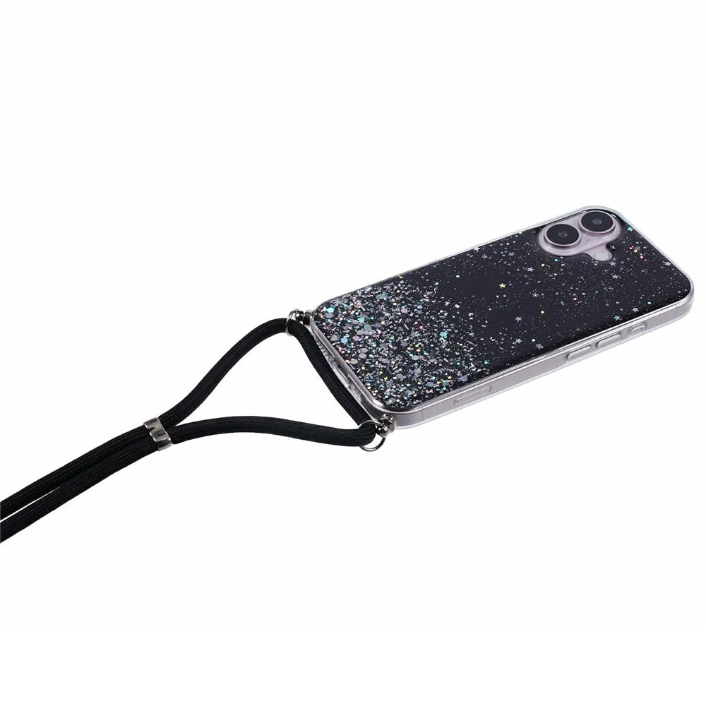 For iPhone 17 Case Cute Bling TPU Epoxy Phone Cover with Lanyard - Black - 4