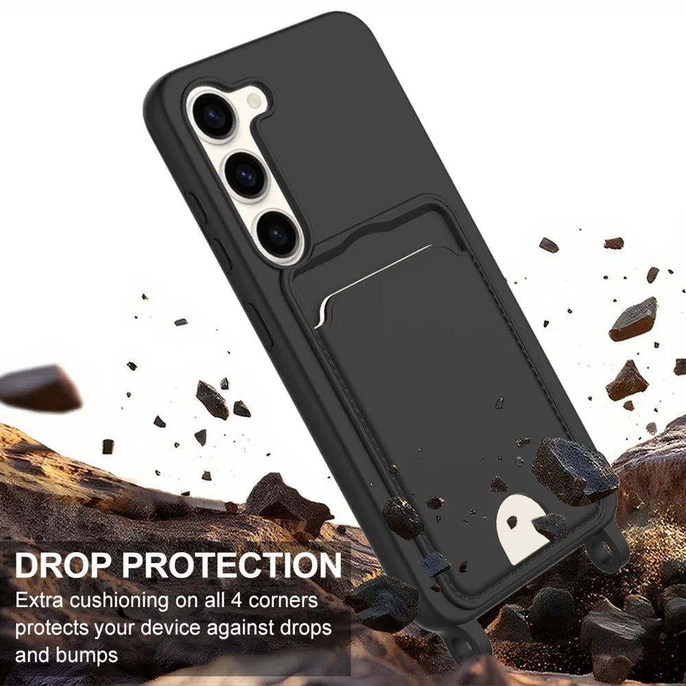 For Samsung Galaxy S23 Liquid Silicone Case  Phone Back Cover with Card Holder and Short Strap - Black - 5