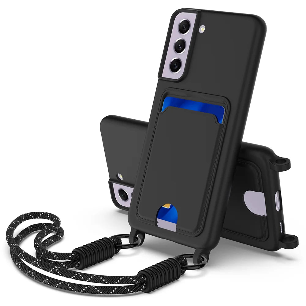 For Samsung Galaxy S21 FE 5G Liquid Silicone Case  Phone Back Cover with Card Holder and Short Strap - Black - 1