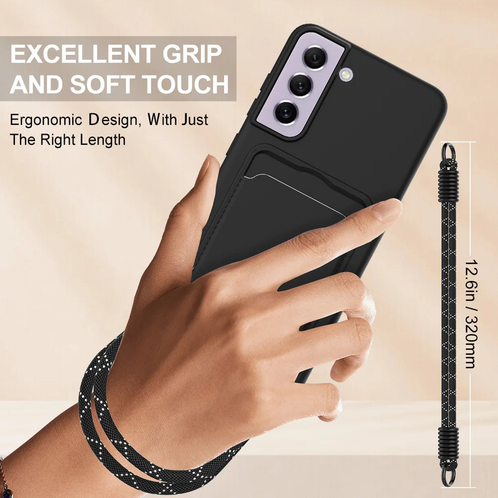 For Samsung Galaxy S21 FE 5G Liquid Silicone Case  Phone Back Cover with Card Holder and Short Strap - Black - 3