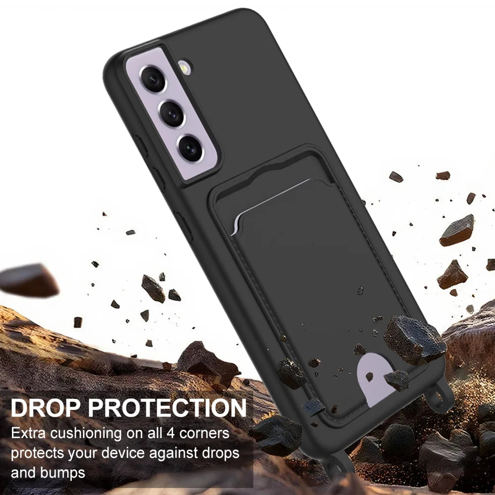 For Samsung Galaxy S21 FE 5G Liquid Silicone Case  Phone Back Cover with Card Holder and Short Strap - Black - 5