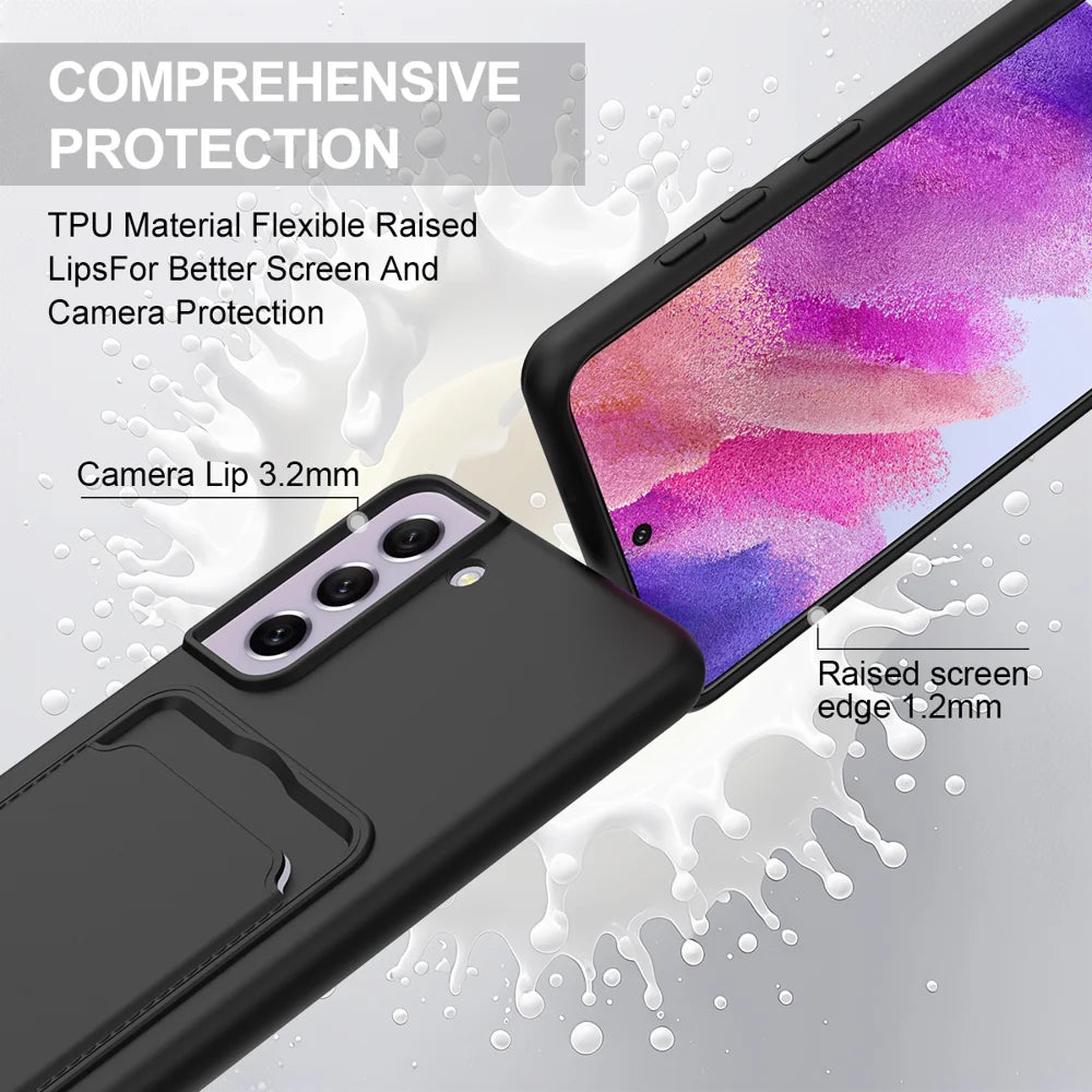 For Samsung Galaxy S21 FE 5G Liquid Silicone Case  Phone Back Cover with Card Holder and Short Strap - Black - 7