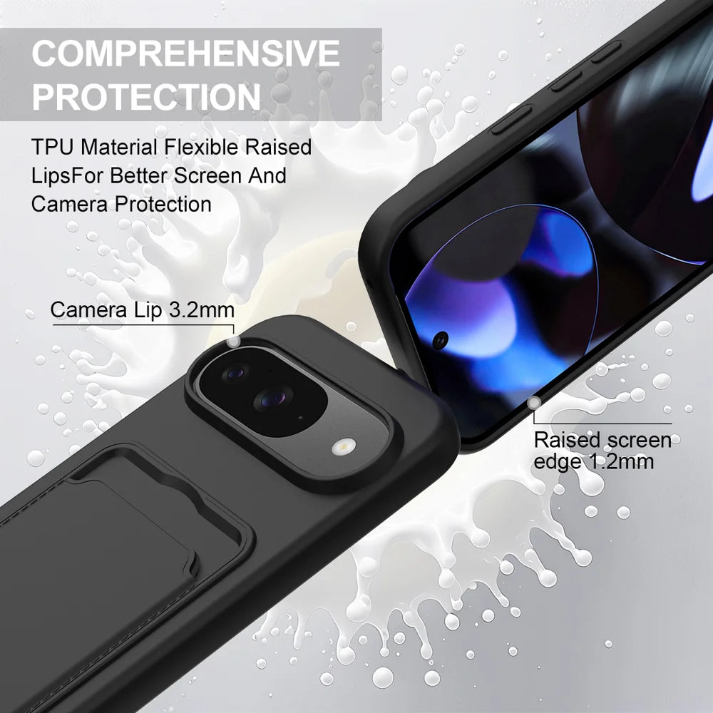 For Google Pixel 9 Liquid Silicone Case  Phone Back Cover with Card Holder and Short Strap - Black - 7