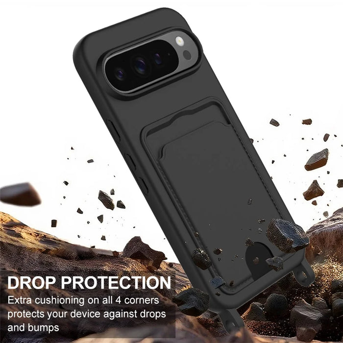 For Google Pixel 9 Pro Liquid Silicone Case  Phone Back Cover with Card Holder and Short Strap - Black - 5