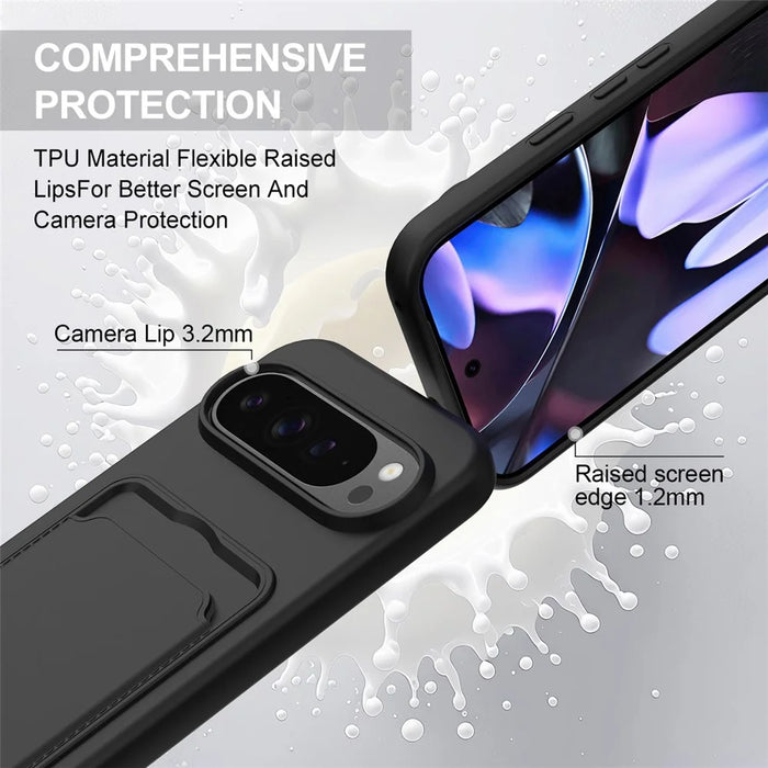 For Google Pixel 9 Pro Liquid Silicone Case  Phone Back Cover with Card Holder and Short Strap - Black - 7