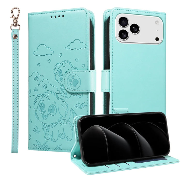 For iPhone 18 Pro Max / 17 Pro Max Case RFID Blocking Imprinted Dog Pattern PU Leather Phone Cover with Wrist Strap - Green - 1