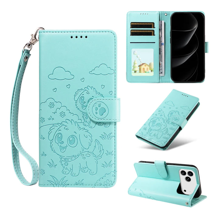 For iPhone 18 Pro Max / 17 Pro Max Case RFID Blocking Imprinted Dog Pattern PU Leather Phone Cover with Wrist Strap - Green - 2