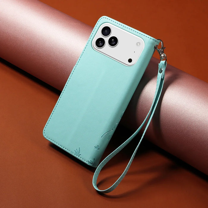 For iPhone 18 Pro Max / 17 Pro Max Case RFID Blocking Imprinted Dog Pattern PU Leather Phone Cover with Wrist Strap - Green - 3