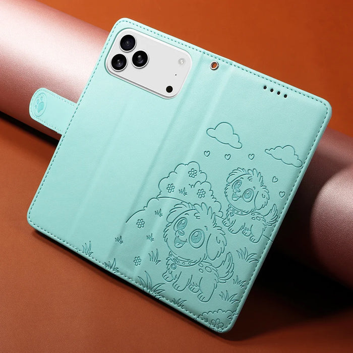 For iPhone 18 Pro Max / 17 Pro Max Case RFID Blocking Imprinted Dog Pattern PU Leather Phone Cover with Wrist Strap - Green - 4
